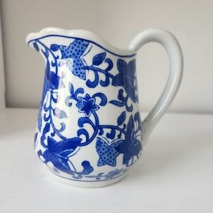 Blue and White Floral and Butterfly Chinoiserie Chinses Ceramic Pitcher